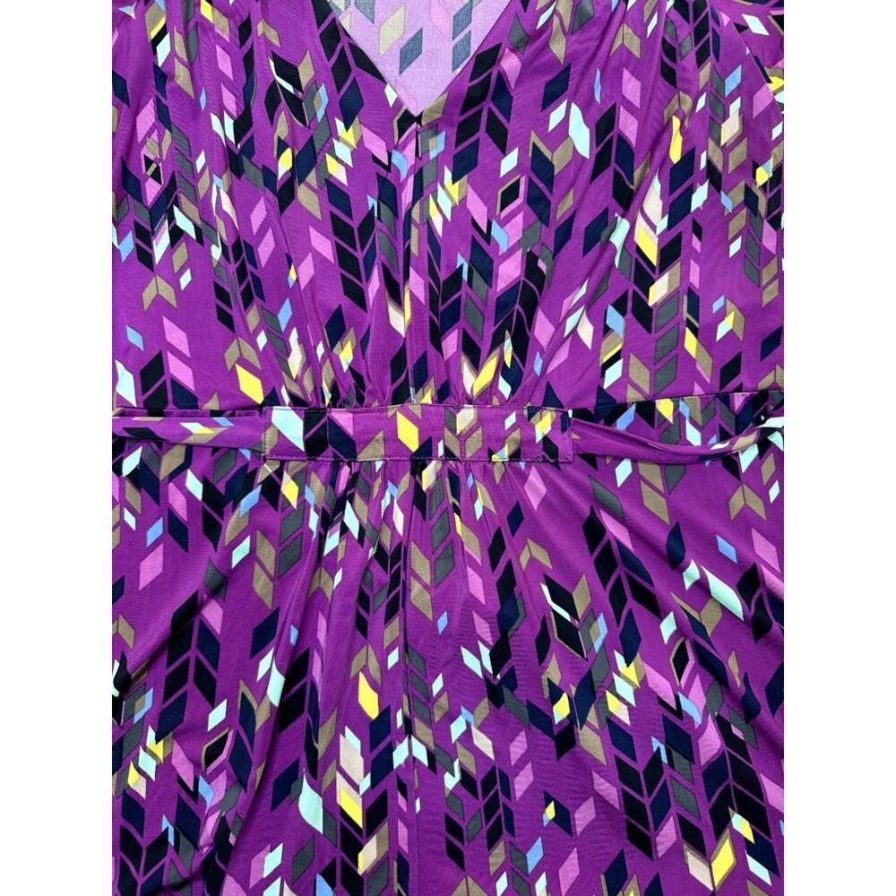 Attention Womens Purple Geometric Blouse Size Large Cap Sleeve V-Neck Belted Top - Picture 7 of 16